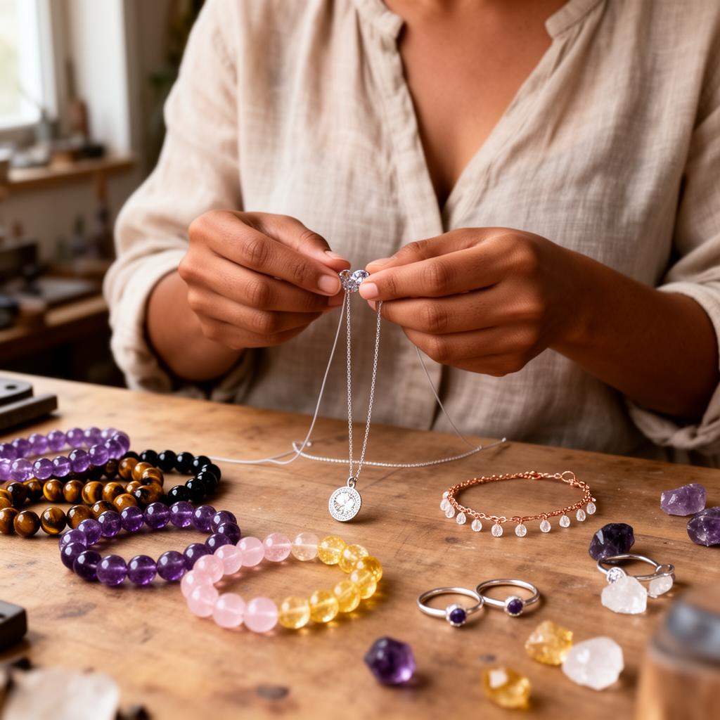 Hands of a woman crafting crystal jewelry at a wooden studio workbench