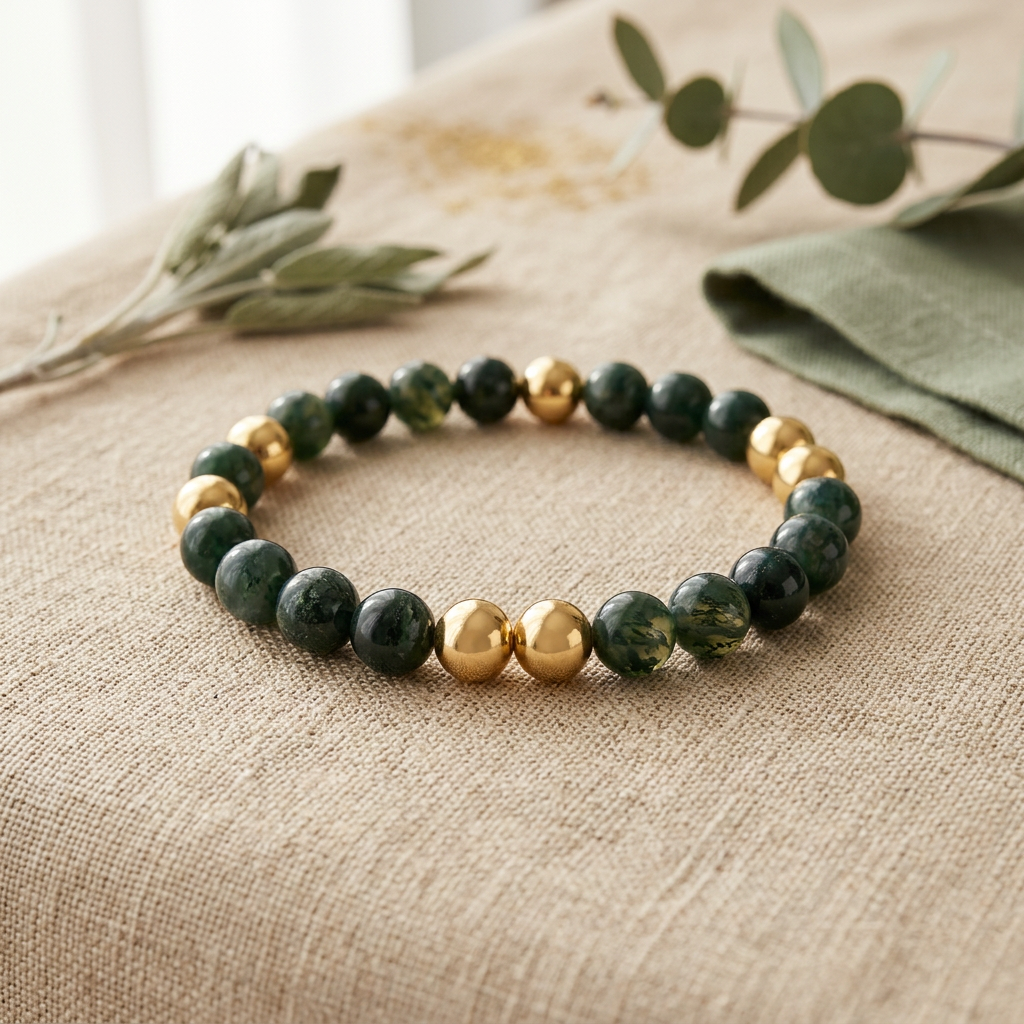 Moss Agate & Gold Bracelet